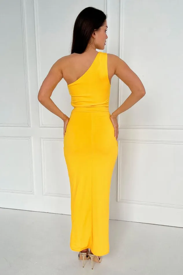 AX Paris Yellow One Shoulder Wrap Draped Midi Dress Women Dresses