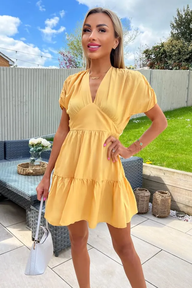 AX Paris Yellow Short Sleeve Tie Back V Neck Mini Dress Women Dresses