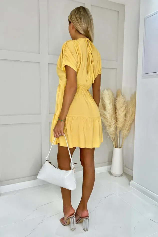 AX Paris Yellow Short Sleeve Tie Back V Neck Mini Dress Women Dresses