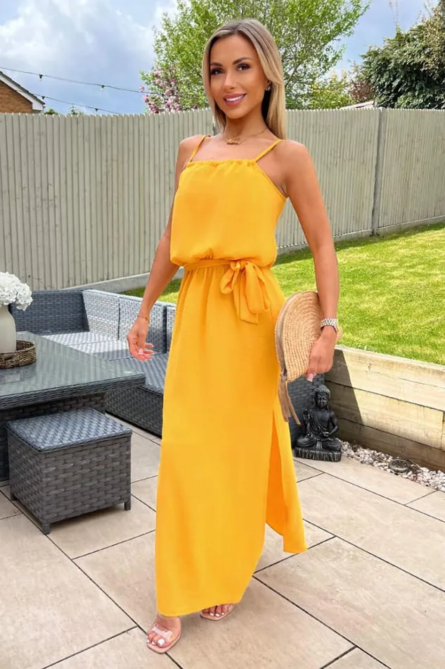 AX Paris Yellow Tie Waist Strappy Split Leg Midi Dress Women Dresses