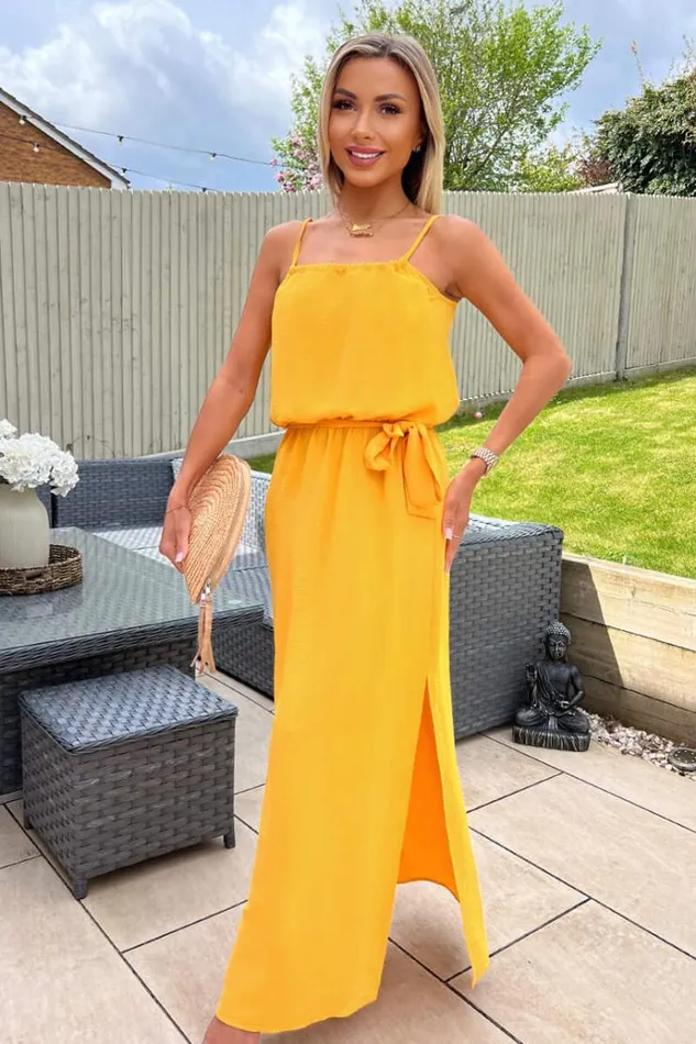 AX Paris Yellow Tie Waist Strappy Split Leg Midi Dress Women Dresses