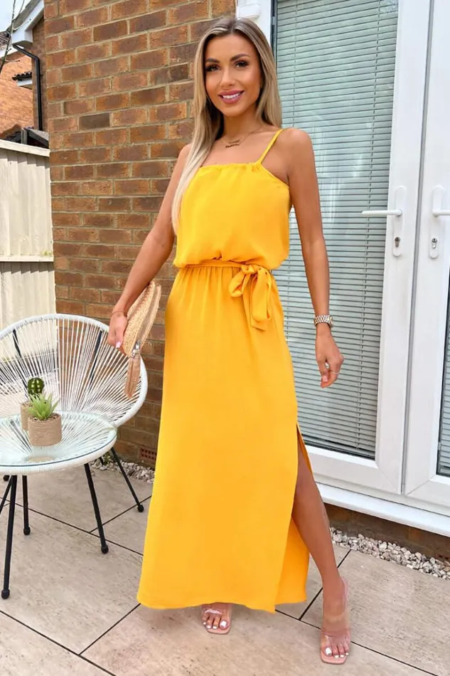 AX Paris Yellow Tie Waist Strappy Split Leg Midi Dress Women Dresses