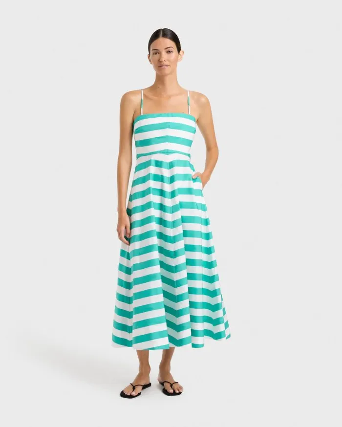 BONDI BORN Dresses Leon Flared Dress 8211 Emerald Stripe 8211 Women