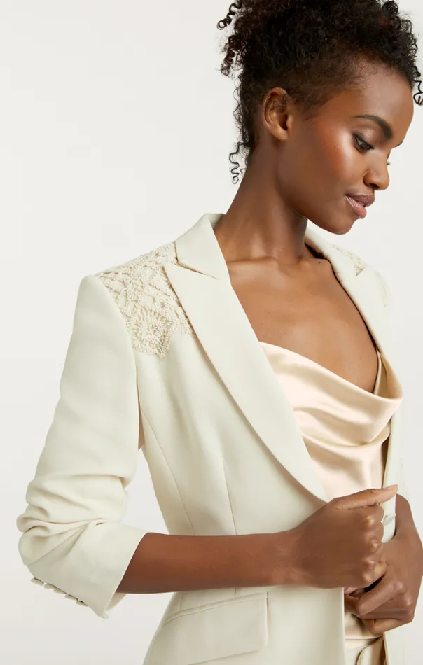 Cinq A Sept Blazers Women Crochet Lace Scrunched Cheyenne Blazer Light Plaster