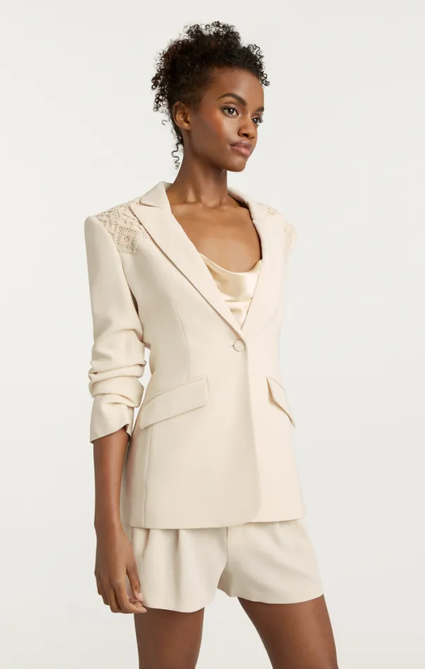 Cinq A Sept Blazers Women Crochet Lace Scrunched Cheyenne Blazer Light Plaster