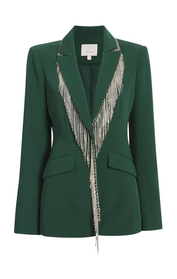 Cinq A Sept Blazers Women Rhinestone Fringe Embellished Cheyenne Blazer Dark Emerald
