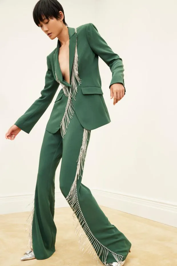 Cinq A Sept Blazers Women Rhinestone Fringe Embellished Cheyenne Blazer Dark Emerald