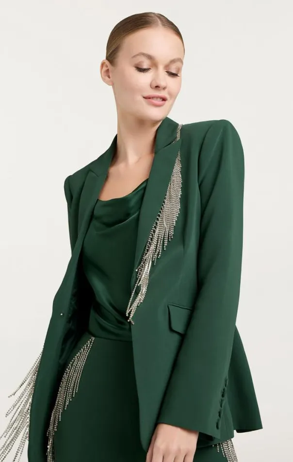 Cinq A Sept Blazers Women Rhinestone Fringe Embellished Cheyenne Blazer Dark Emerald