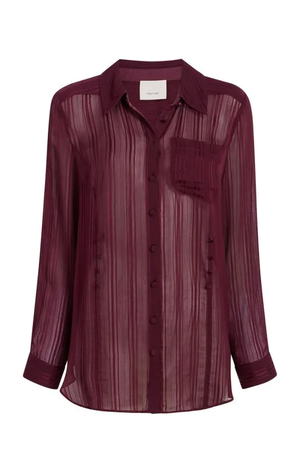 Cinq A Sept Blouses Women Sheer Stripe Shirred Kandice Top Dark Fig