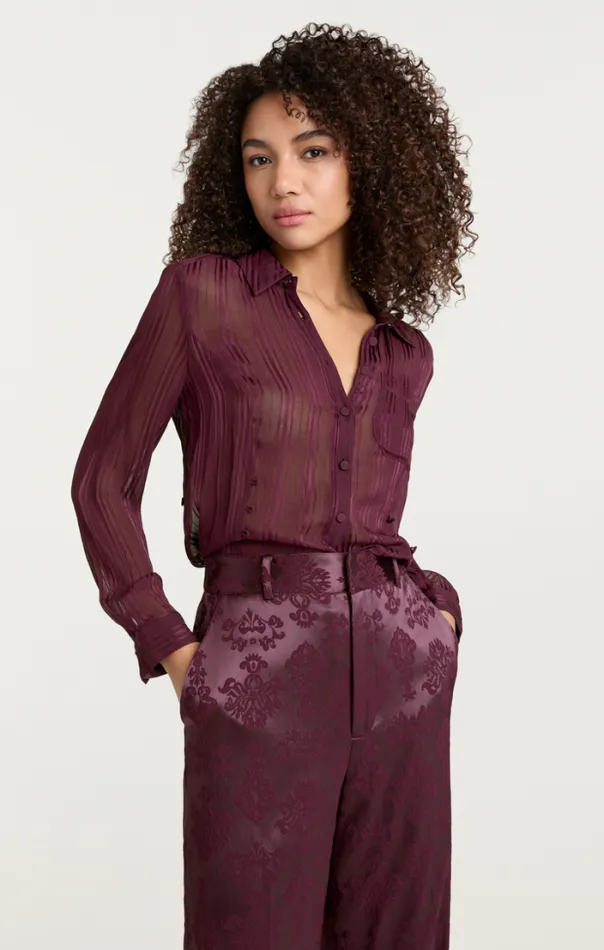 Cinq A Sept Blouses Women Sheer Stripe Shirred Kandice Top Dark Fig