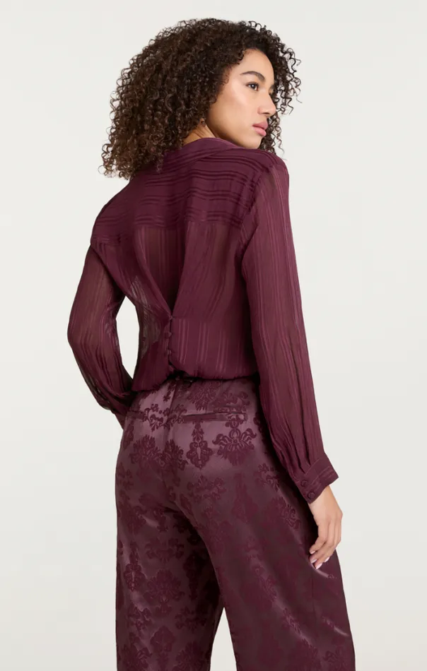 Cinq A Sept Blouses Women Sheer Stripe Shirred Kandice Top Dark Fig