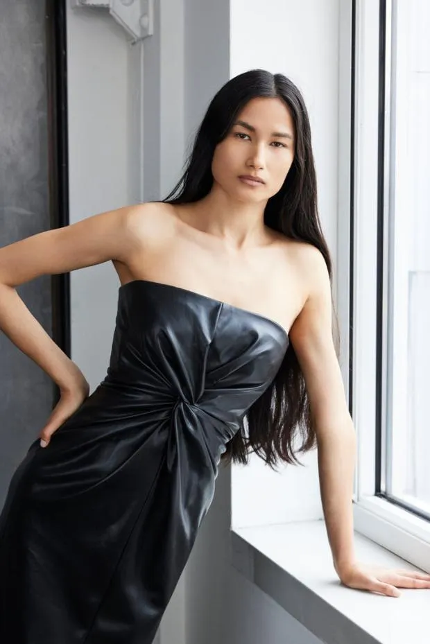 Cinq A Sept Midi Women Vegan Leather Strapless Mckenna Dress Black