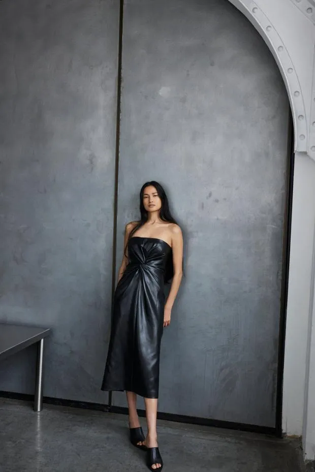 Cinq A Sept Midi Women Vegan Leather Strapless Mckenna Dress Black
