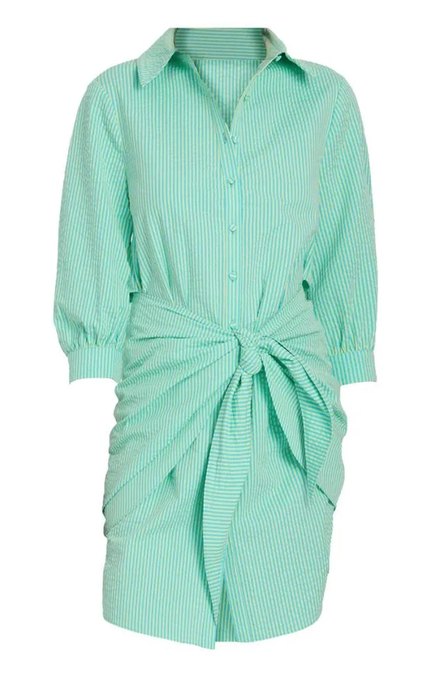 Cinq A Sept Mini Women Striped Seersucker Three Quarter Sleeve Gaby Dress Cyanlima Bean