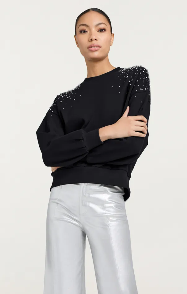 Cinq A Sept Sweaters and Knits Women Crackle Rhinestone Embellished Brandy Pullover Black