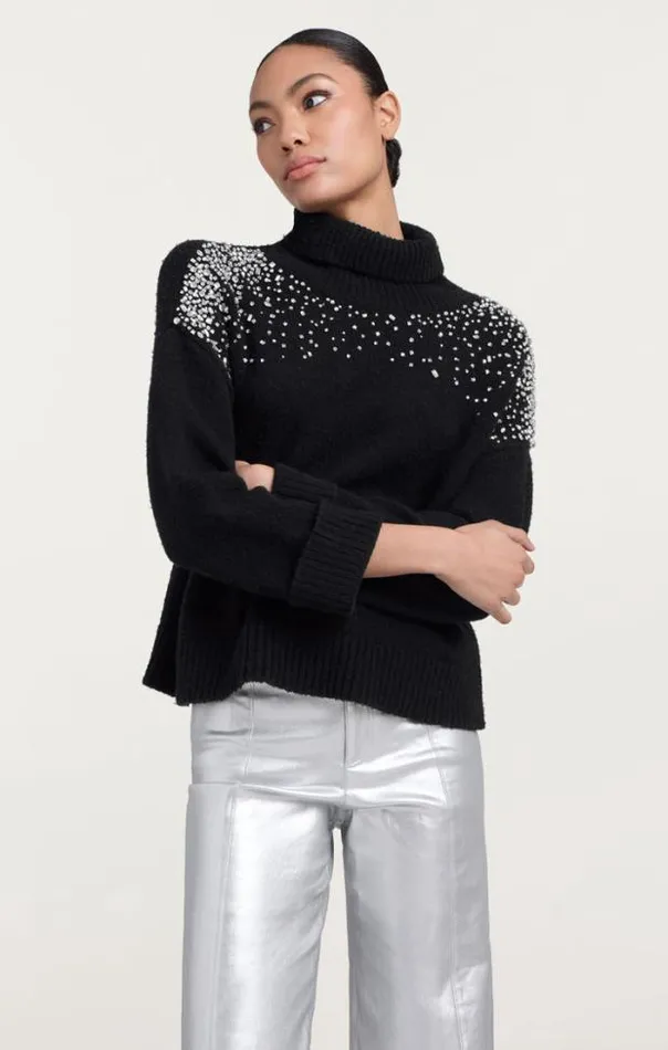 Cinq A Sept Sweaters and Knits Women Rhinestone Crackle Embellished Alani Turtleneck Black