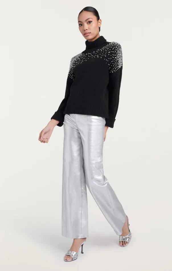 Cinq A Sept Sweaters and Knits Women Rhinestone Crackle Embellished Alani Turtleneck Black