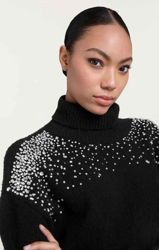 Cinq A Sept Sweaters and Knits Women Rhinestone Crackle Embellished Alani Turtleneck Black