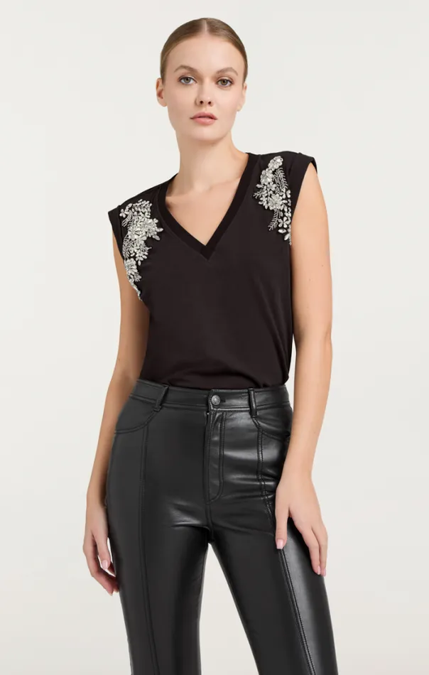 Cinq A Sept Tees Women Crystal Ivy Embellished Bella Tee Black