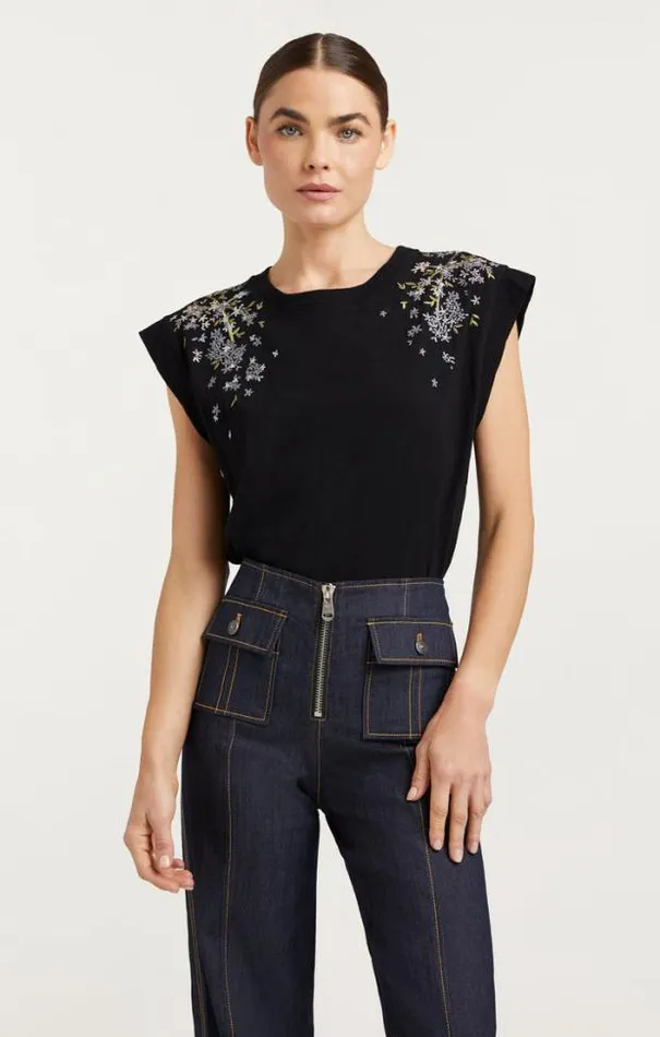 Cinq A Sept Tees Women Lilac Vine Embellished Bella Tee Black Multi