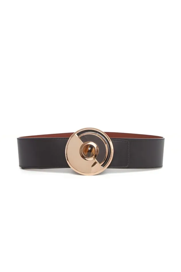 Gabriela Hearst Belts Women Moya Reversible Large Belt In Black Leather and Tigers Eye Gabriela Hearst Belts Women Moya Reversible Large Belt In Black Leather and Tigers Eye