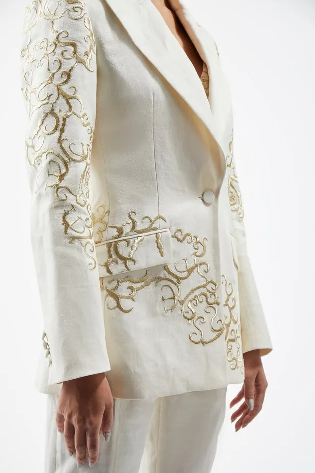 Gabriela Hearst Blazers and Vests Women Leiva Embroidered Blazer In Ivory Textured Linen