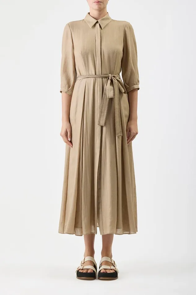 Gabriela Hearst Dresses Women Andy Pleated Shirtdress In Khaki Virgin Wool Cashmere