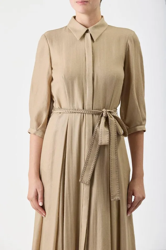 Gabriela Hearst Dresses Women Andy Pleated Shirtdress In Khaki Virgin Wool Cashmere