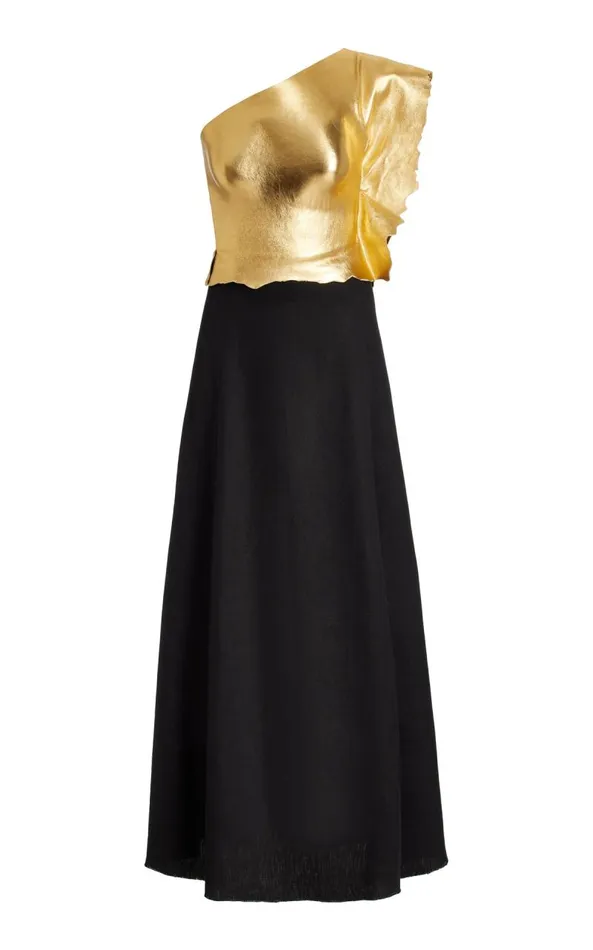 Gabriela Hearst Dresses Women Cleis Dress In Black Silk Cady and Gold Metallic Nappa Leather Gabriela Hearst Dresses Women Cleis Dress In Black Silk Cady and Gold Metallic Nappa Leather