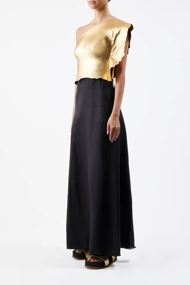 Gabriela Hearst Dresses Women Cleis Dress In Black Silk Cady and Gold Metallic Nappa Leather