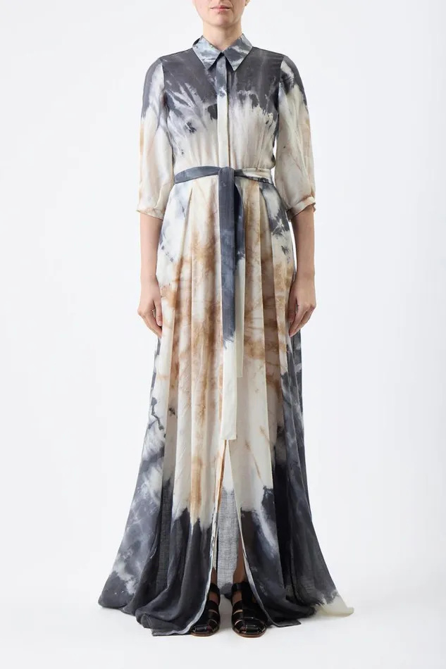 Gabriela Hearst Dresses Women Daisy Pleated Shirtdress In Camel Multi Tie Dye Cashmere Silk Gauze