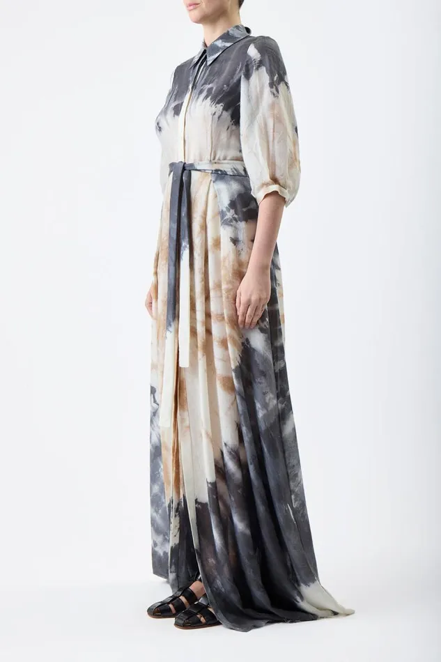 Gabriela Hearst Dresses Women Daisy Pleated Shirtdress In Camel Multi Tie Dye Cashmere Silk Gauze