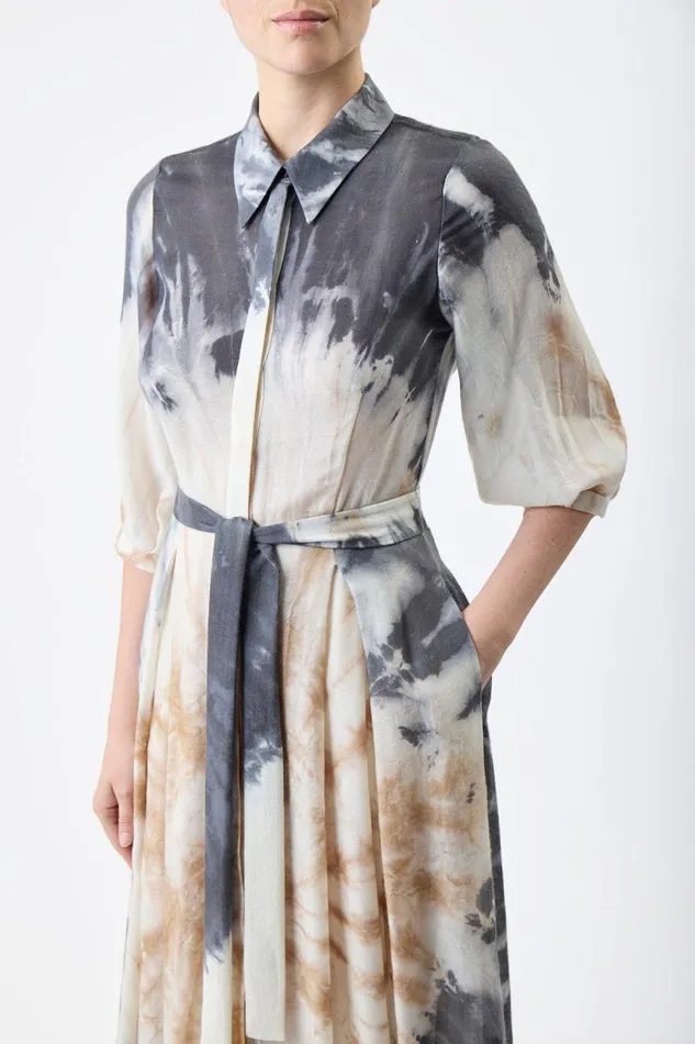 Gabriela Hearst Dresses Women Daisy Pleated Shirtdress In Camel Multi Tie Dye Cashmere Silk Gauze