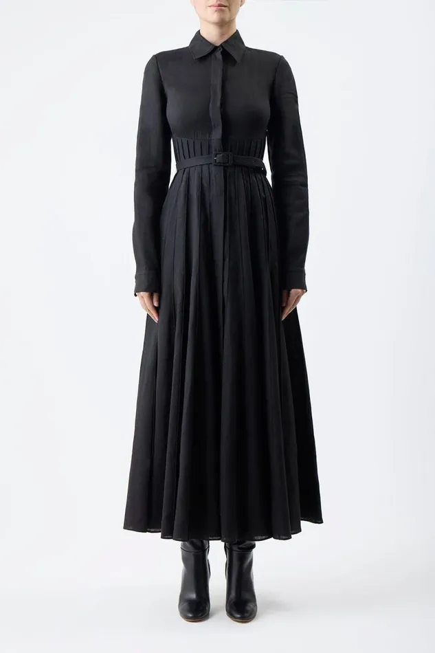 Gabriela Hearst Dresses Women Dewi Pleated Shirtdress In Black Aloe Linen