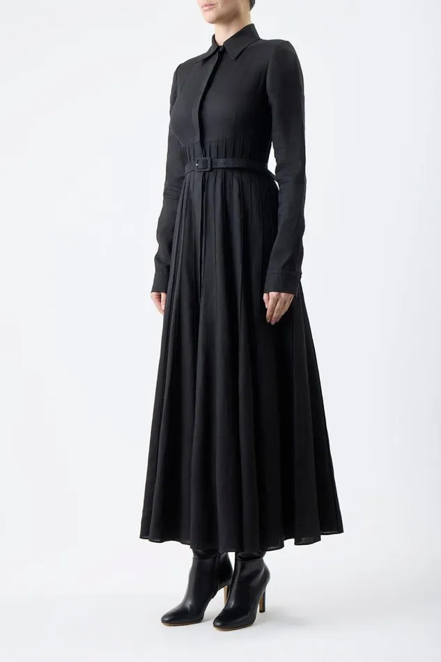 Gabriela Hearst Dresses Women Dewi Pleated Shirtdress In Black Aloe Linen