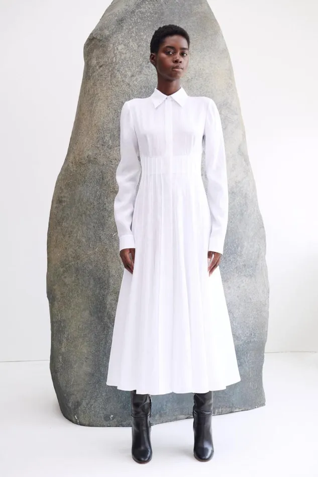 Gabriela Hearst Dresses Women Dewi Pleated Shirtdress In White Aloe Linen