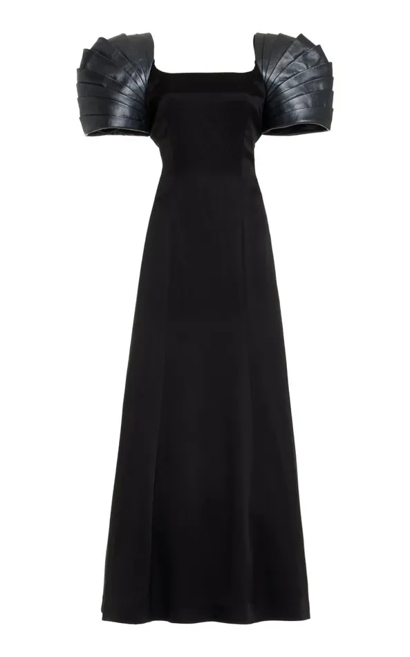 Gabriela Hearst Dresses Women Duchess Dress In Black Silk Satin With Metallic Nappa Leather Shoulders Gabriela Hearst Dresses Women Duchess Dress In Black Silk Satin With Metallic Nappa Leather Shoulders