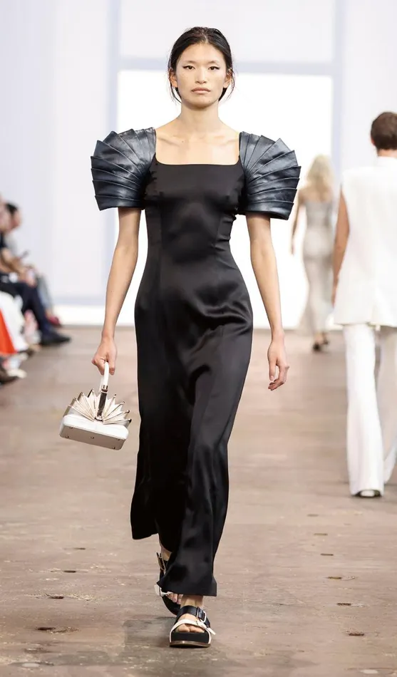 Gabriela Hearst Dresses Women Duchess Dress In Black Silk Satin With Metallic Nappa Leather Shoulders