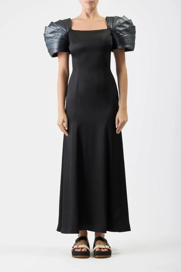 Gabriela Hearst Dresses Women Duchess Dress In Black Silk Satin With Metallic Nappa Leather Shoulders