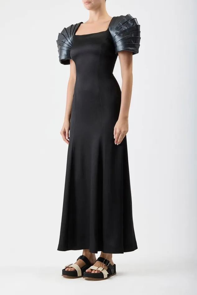 Gabriela Hearst Dresses Women Duchess Dress In Black Silk Satin With Metallic Nappa Leather Shoulders