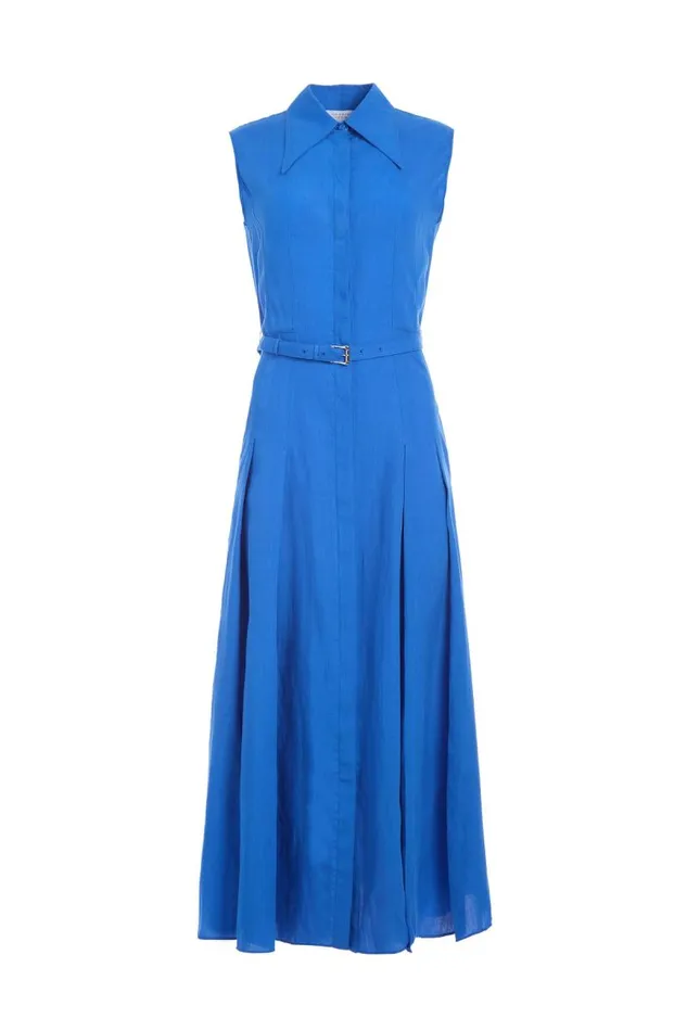 Gabriela Hearst Dresses Women Durand Pleated Shirtdress In Sapphire Aloe Linen Gabriela Hearst Dresses Women Durand Pleated Shirtdress In Sapphire Aloe Linen