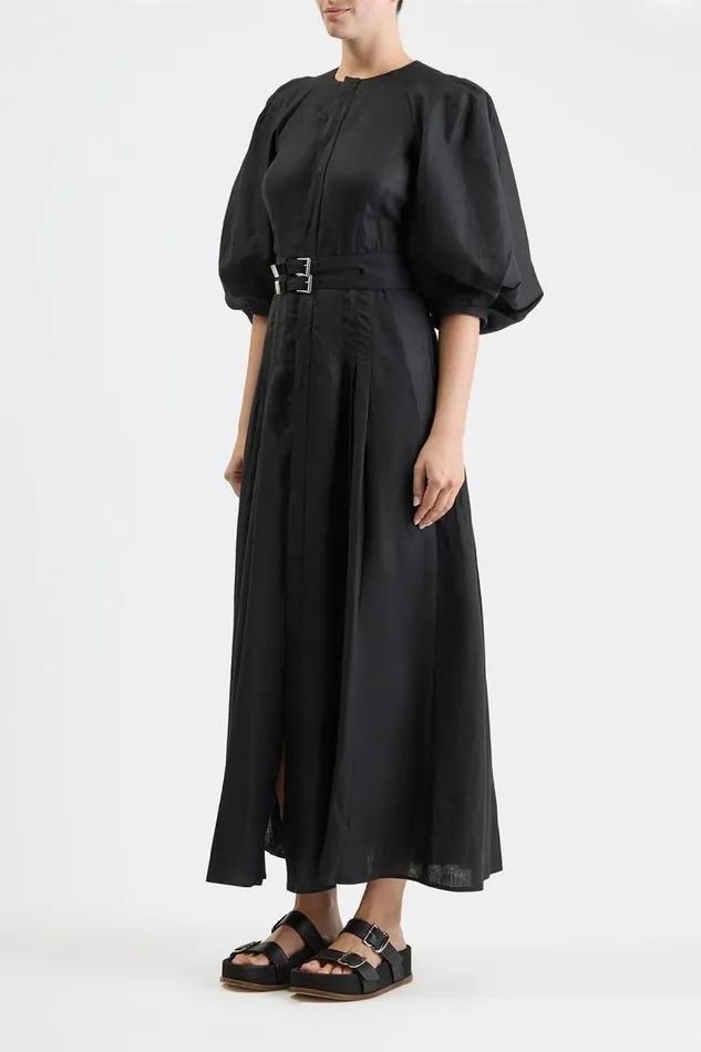 Gabriela Hearst Dresses Women Elea Pleated Dress In Black Aloe Linen