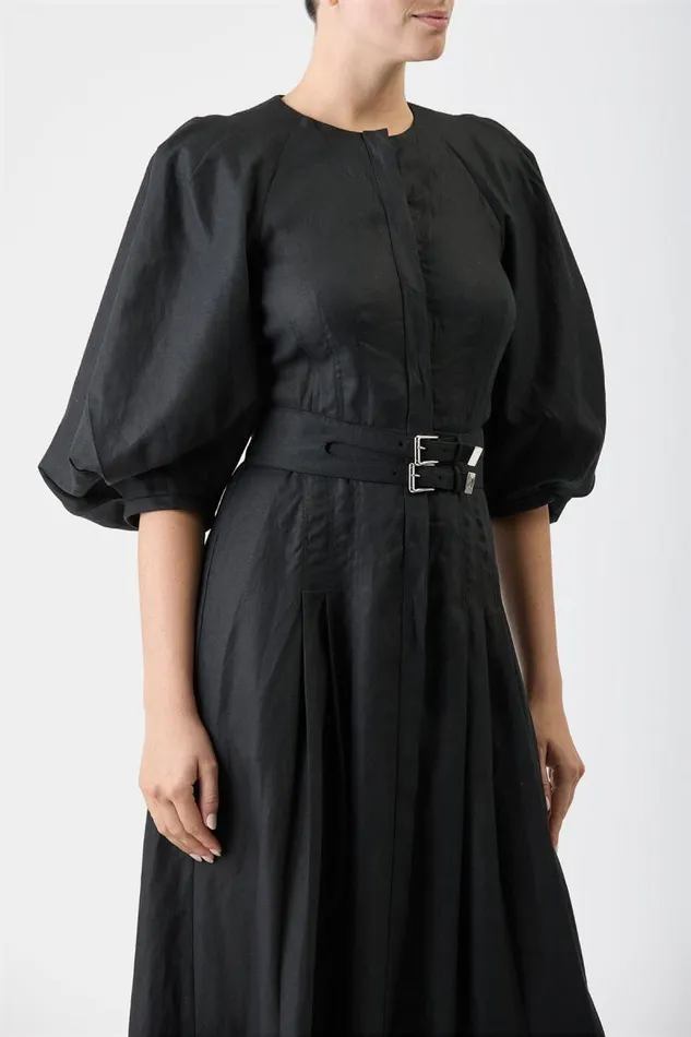 Gabriela Hearst Dresses Women Elea Pleated Dress In Black Aloe Linen