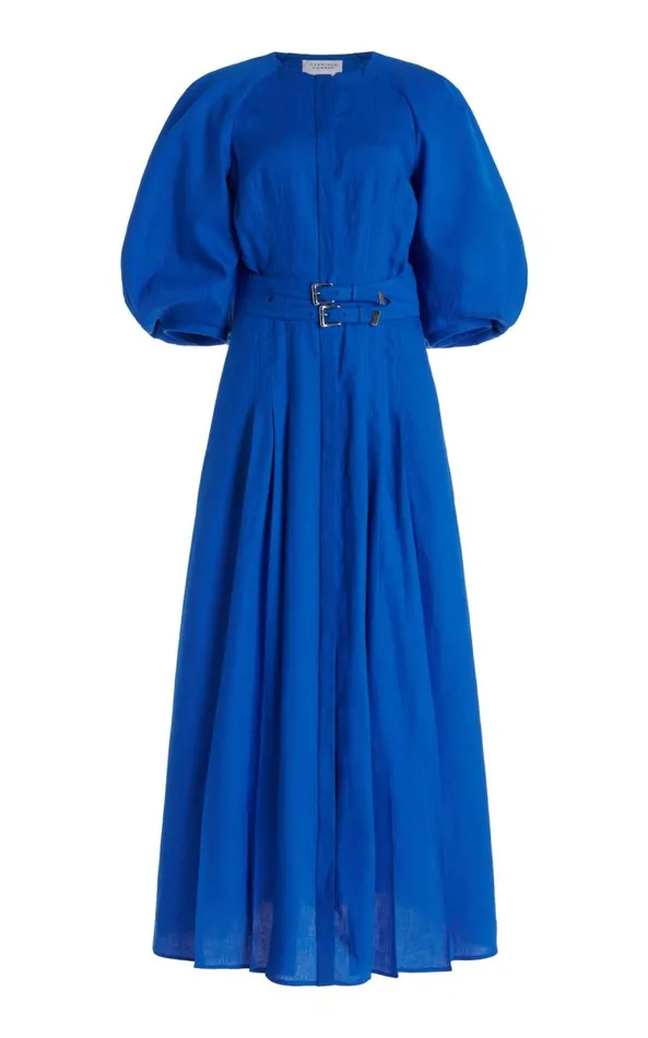 Gabriela Hearst Dresses Women Elea Pleated Dress In Sapphire Aloe Linen