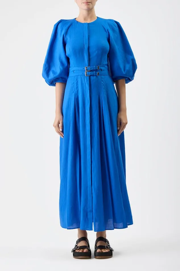 Gabriela Hearst Dresses Women Elea Pleated Dress In Sapphire Aloe Linen