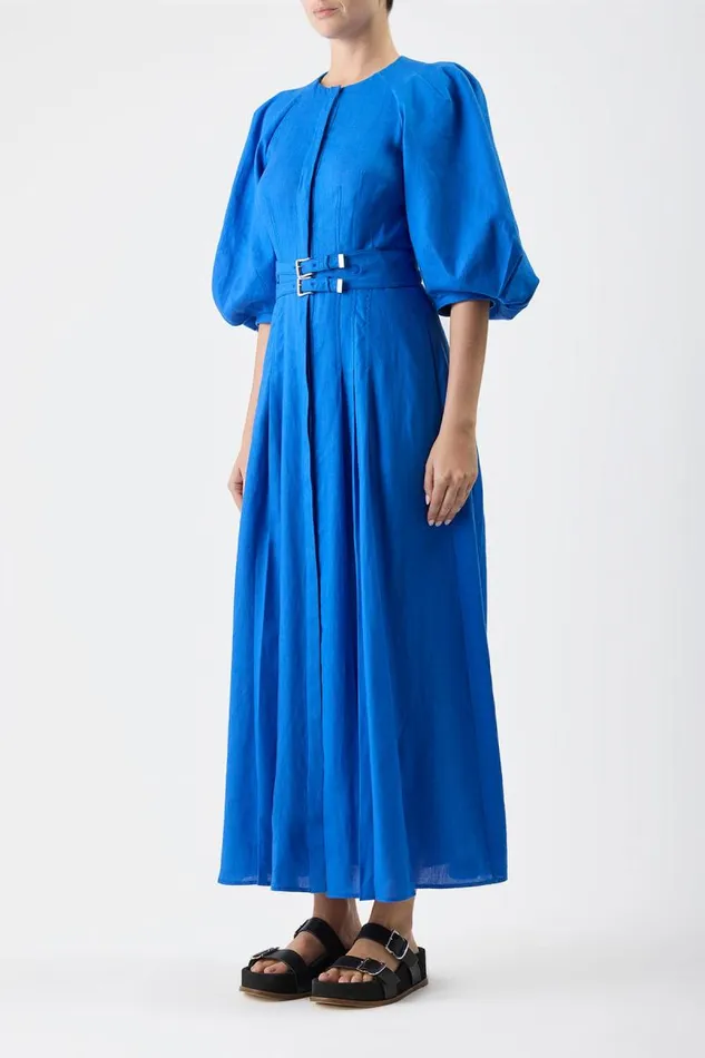 Gabriela Hearst Dresses Women Elea Pleated Dress In Sapphire Aloe Linen