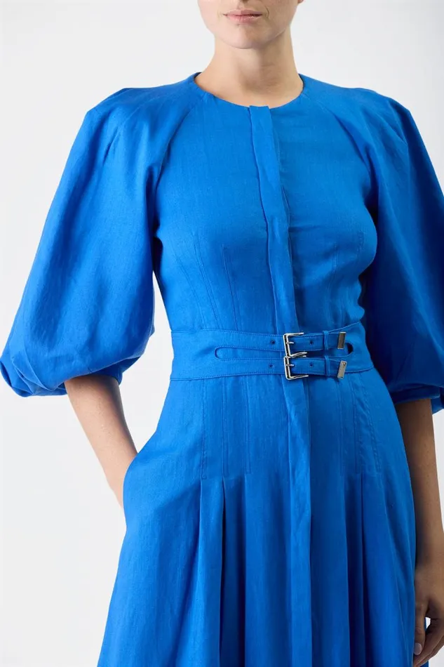 Gabriela Hearst Dresses Women Elea Pleated Dress In Sapphire Aloe Linen