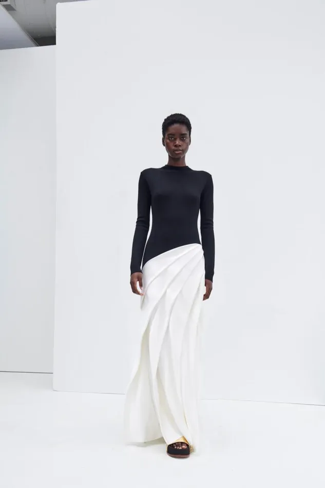 Gabriela Hearst Dresses Women Ismay Pleated Dress In Black and Ivory Silk Satin