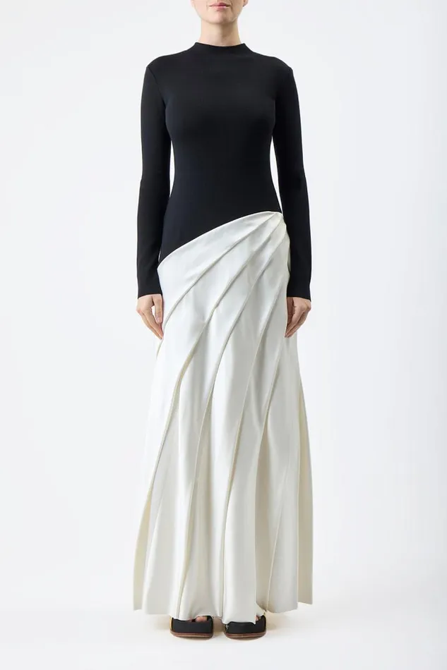 Gabriela Hearst Dresses Women Ismay Pleated Dress In Black and Ivory Silk Satin