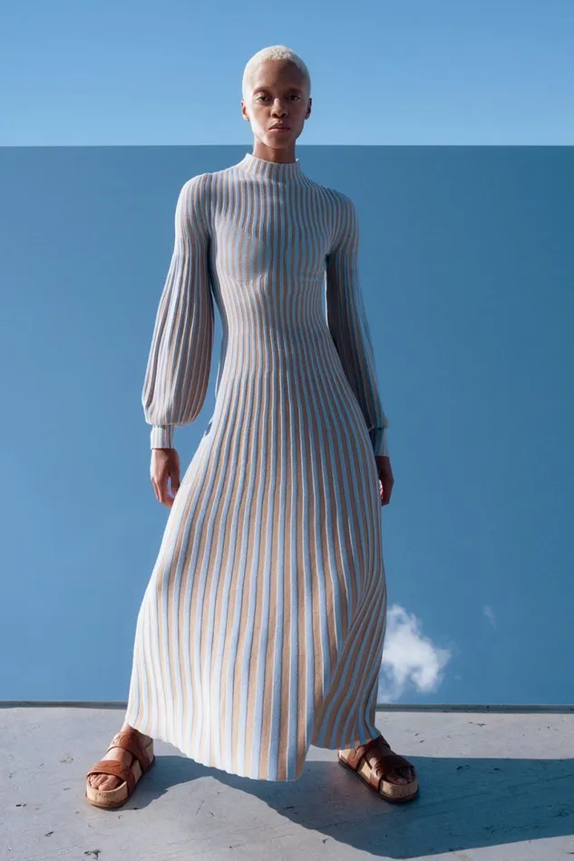 Gabriela Hearst Dresses Women Lee Knit Dress In Light Blue and Camel Cashmere Silk